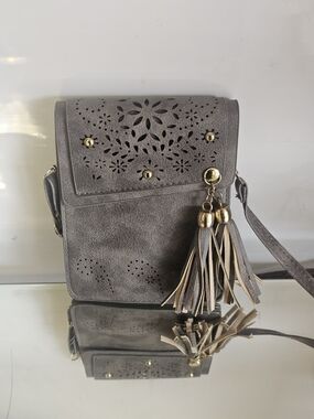 Gray Laser-Cut Tassel Crossbody Bag